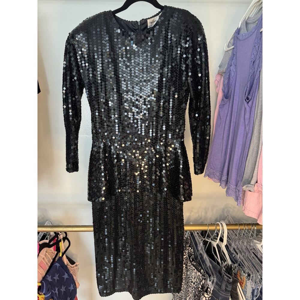Vintage 80s Women’s Oleg Cassini Black Sequin Cocktail Dress Sz 12 See Descript.